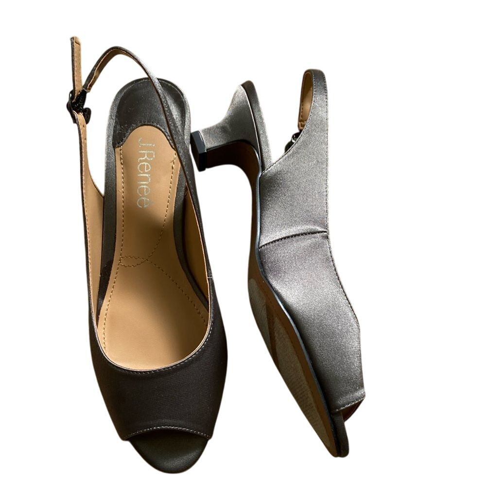 J. Renee Satin Jenvey Dark Grey‎ Low Heels Womens 7 Open Toe Special Event